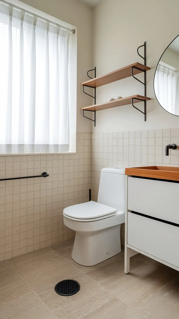 Featuring a harmonious blend of Scandinavian and japandi elements, this minimal bathroom highlights a white toilet, wooden shelves, and elegant beige tiles for a stylish japandi home.