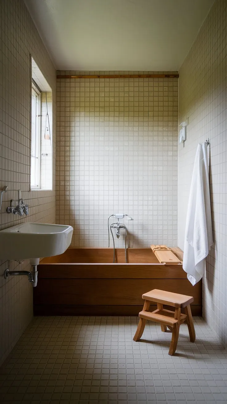 This Japandi bathroom design showcases minimal aesthetics with beige tiles, a wooden bathtub, and a white washbasin, offering perfect bathroom design inspiration for Japandi interiors.