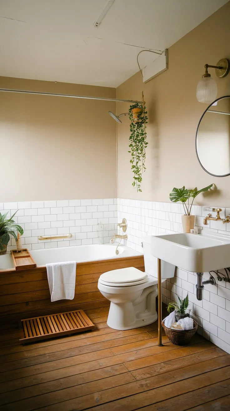 This Japandi bathroom design showcases minimalism with a wooden floor, white fixtures, and natural elements, making it a perfect inspiration for Japandi interiors.