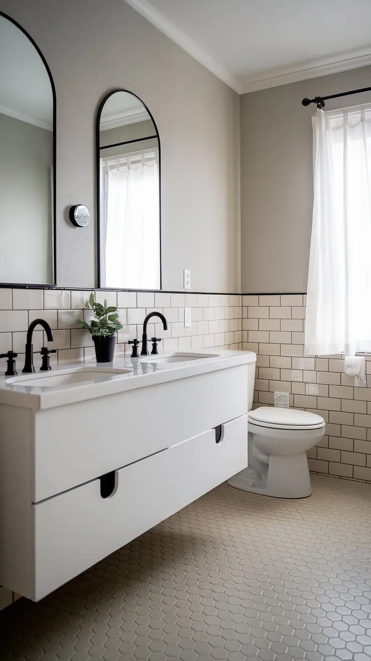 This Japandi bathroom design showcases minimalism with a white vanity, black faucet, and hexagonal tiles, perfectly blending Japandi interiors and Scandinavian bathroom aesthetics for inspiring bathroom design.
