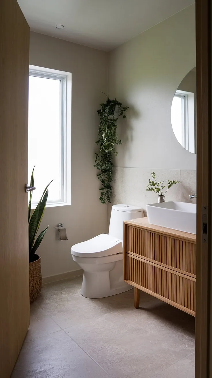This Japandi bathroom design showcases minimal aesthetics with a wooden vanity, light-grey walls, and natural elements, offering perfect bathroom design inspiration for Japandi interiors.