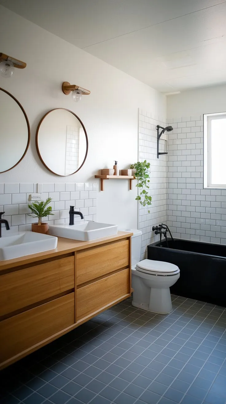 Featuring a harmonious mix of wood and clean lines, this Japandi bathroom exemplifies minimal bathroom elegance with its dual sinks, black bathtub, and stylish decor.