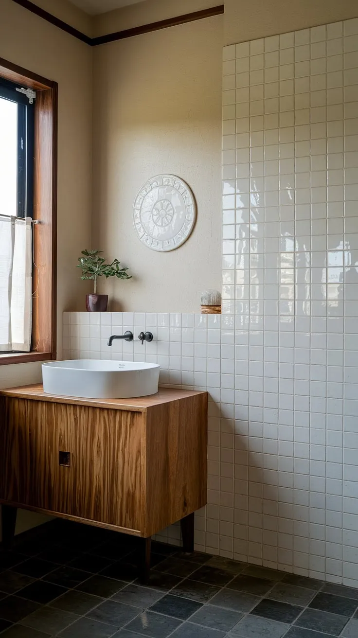 This Japandi bathroom design showcases minimalism with a wooden vanity, white sink, and black faucet, perfectly blending Scandinavian aesthetics with Japandi interiors for inspiring bathroom design.