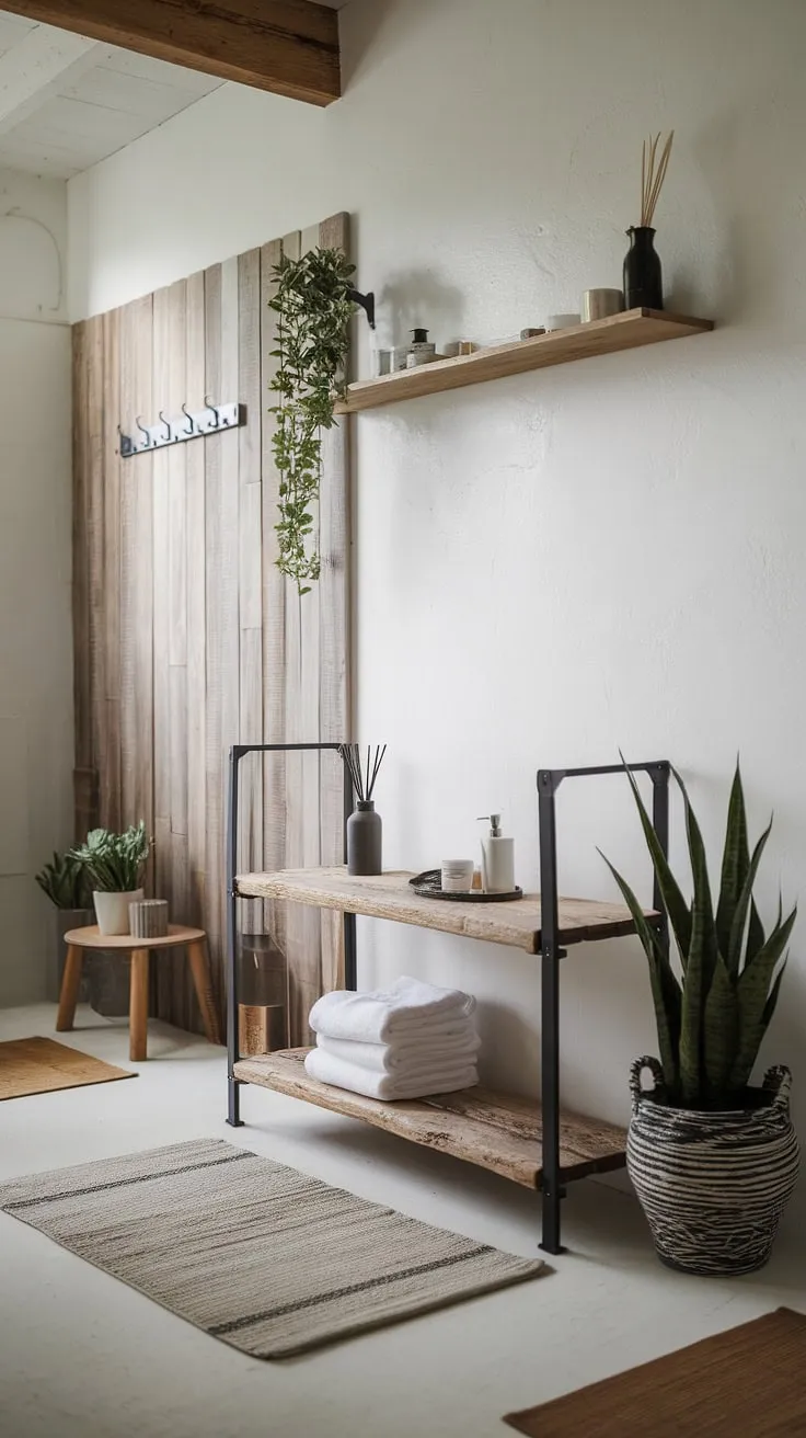 This Japandi bathroom design showcases minimalism with rustic wooden elements and a few essential items, offering bathroom design inspiration for Japandi interiors.