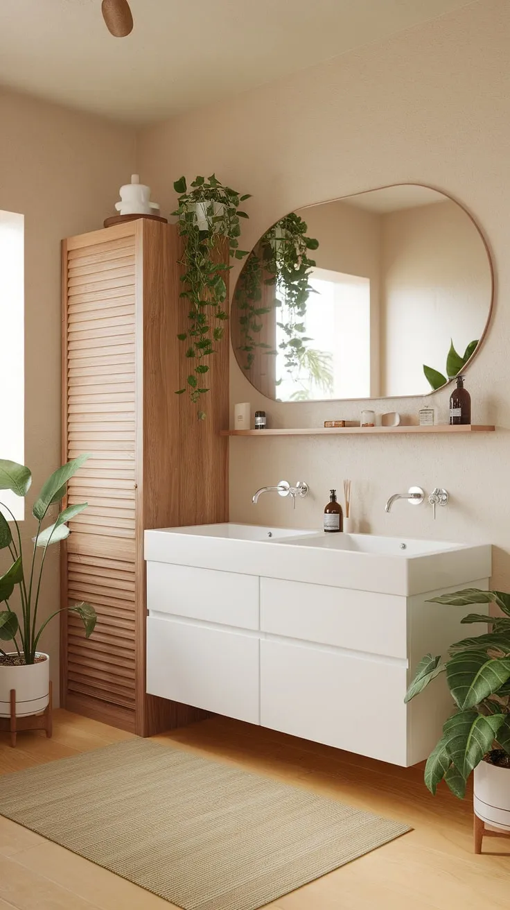 This Japandi bathroom design showcases minimal aesthetics with beige walls, a wooden floor, and a white vanity, offering bathroom design inspiration for Japandi interiors and Scandinavian bathrooms.