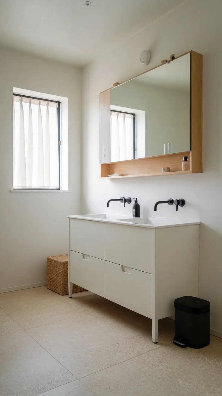 Featuring a harmonious blend of Scandinavian and Japandi styles, this minimal bathroom highlights a sleek white vanity and earthy tones, ideal for a tranquil Japandi home.