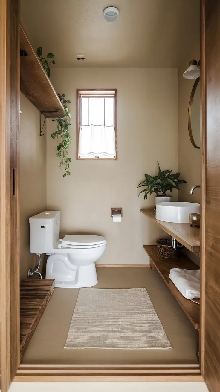 This Japandi bathroom design showcases minimalism with its wooden elements, beige tones, and a touch of greenery, making it a perfect inspiration for Japandi interiors.