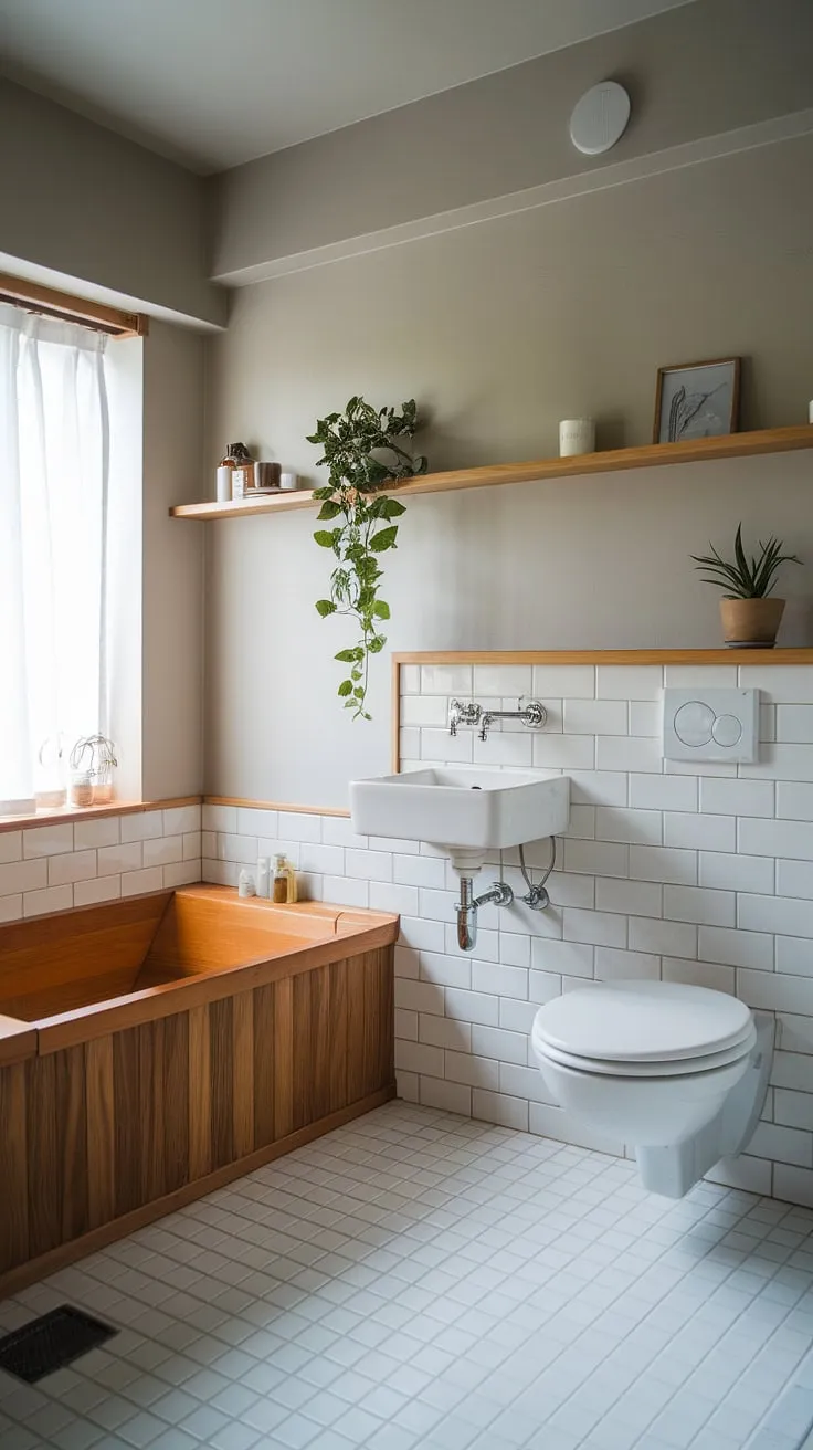 This Japandi bathroom design showcases minimalism with a wooden bathtub, white sink, and light gray walls, offering a perfect blend of Japandi interiors and Scandinavian bathroom aesthetics for inspiring bathroom design.