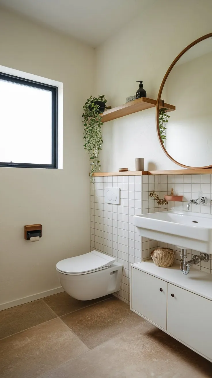 This Japandi bathroom design showcases minimal aesthetics with beige tiles, a wooden shelf, and a potted plant, offering inspiring bathroom design ideas for Japandi interiors.