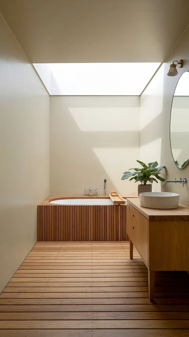 Featuring a harmonious blend of Scandinavian and Japandi elements, this minimal bathroom highlights a wooden vanity and natural light, making it an ideal Japandi home retreat.