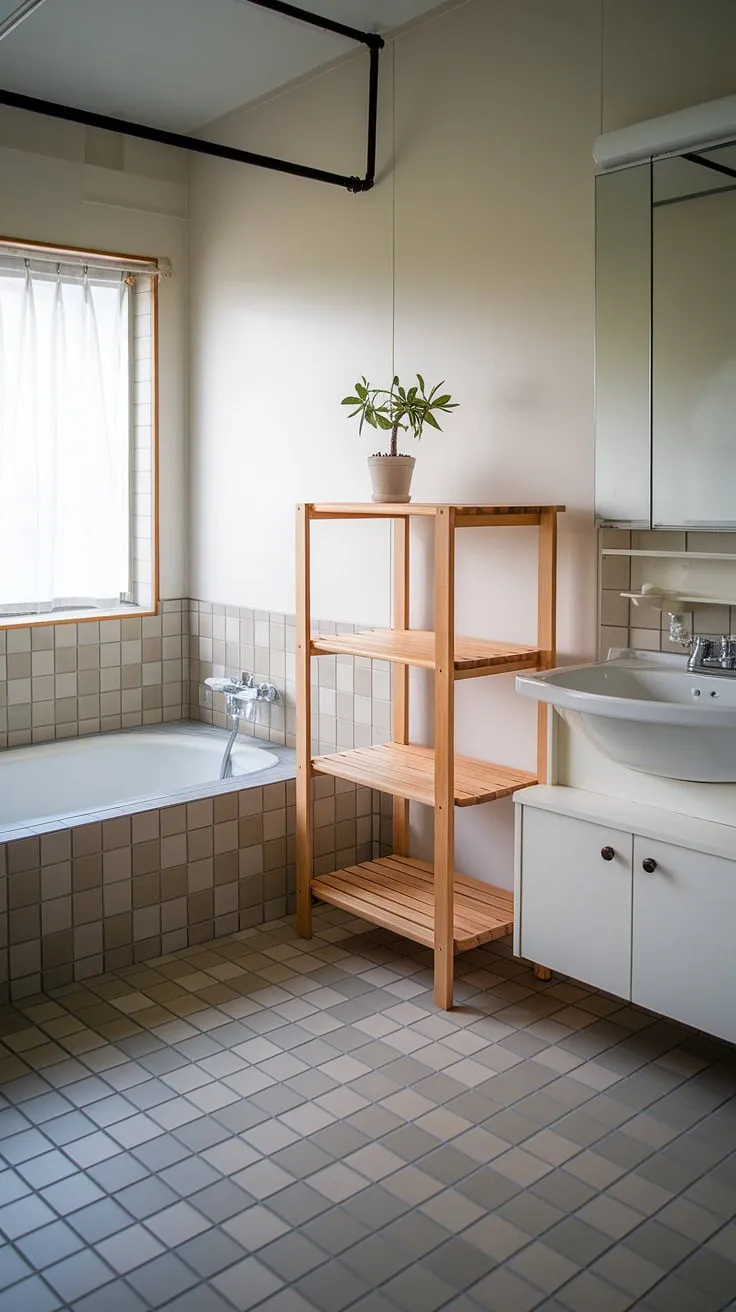 Featuring a harmonious blend of Scandinavian and Japandi elements, this minimal bathroom highlights a white vanity and stylish tile work, ideal for a Japandi home.
