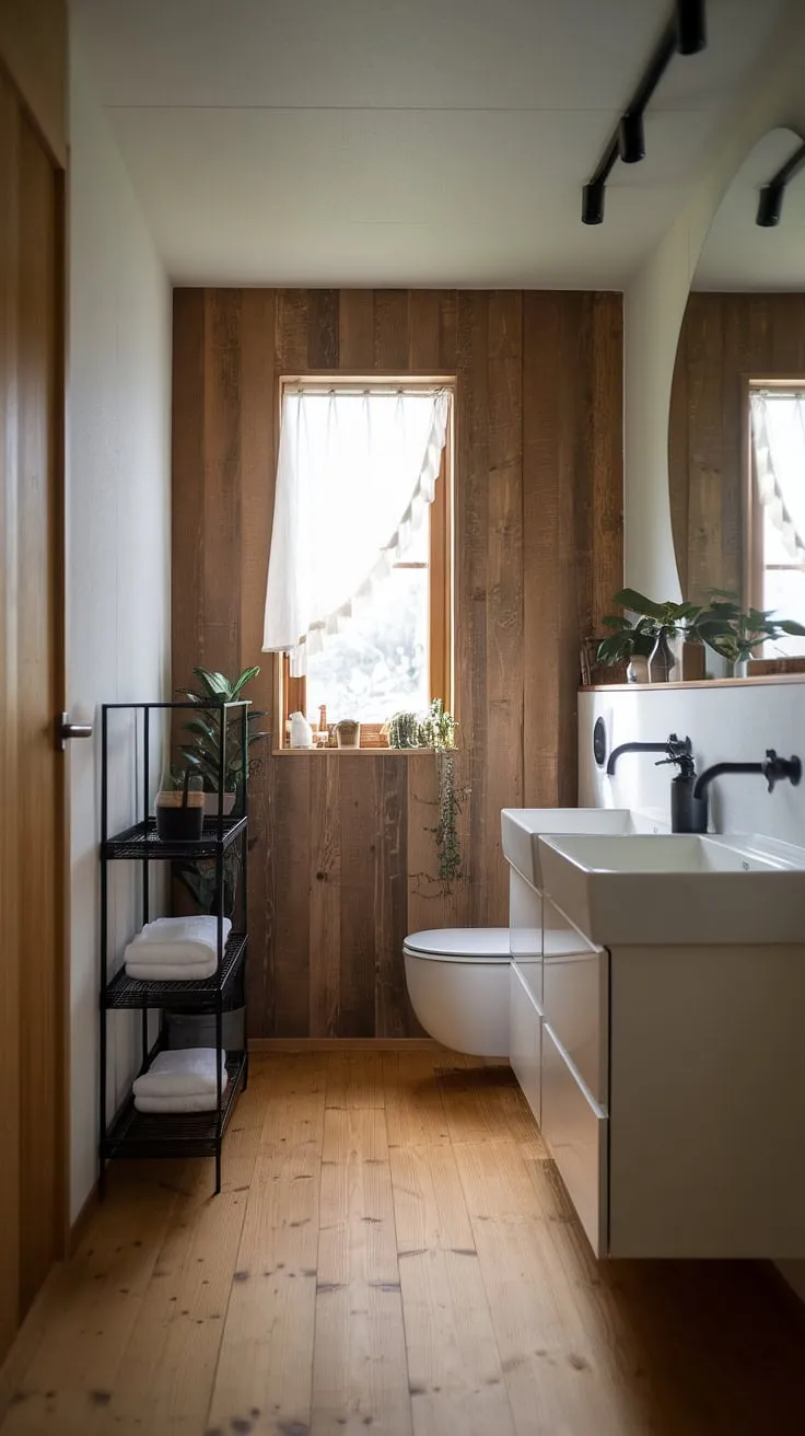 Featuring a harmonious blend of Scandinavian influences, this Japandi bathroom highlights a minimalist approach with natural materials and thoughtful design elements for a tranquil home environment.