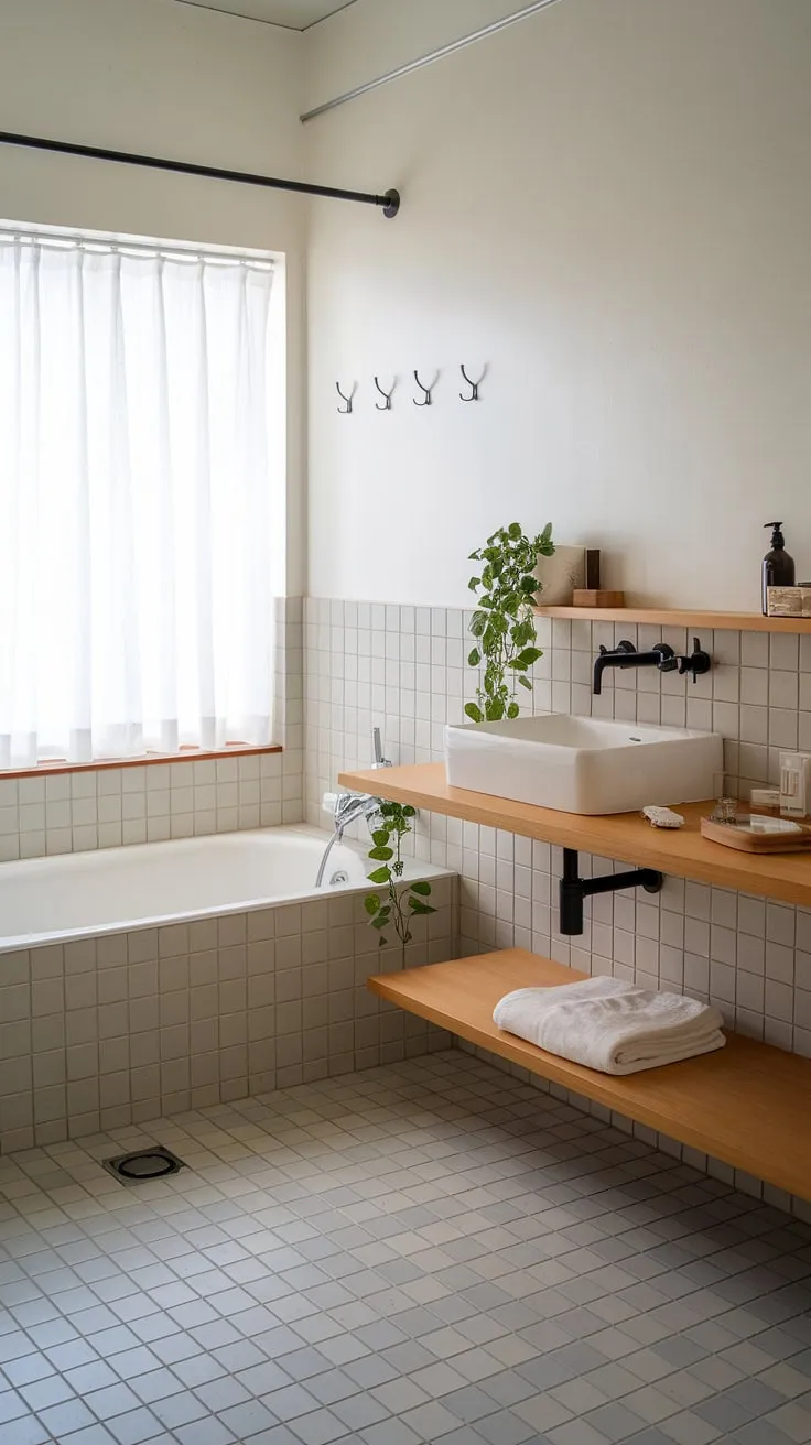 This Japandi bathroom design showcases minimalism with a white bathtub, wooden accents, and a touch of greenery, making it a perfect inspiration for Japandi interiors.