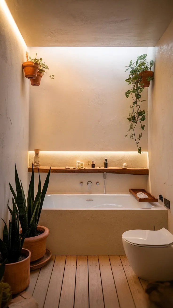 This Japandi bathroom design showcases minimalism with a sleek white bathtub, light wooden planks, and warm lighting, making it a perfect inspiration for Japandi interiors.
