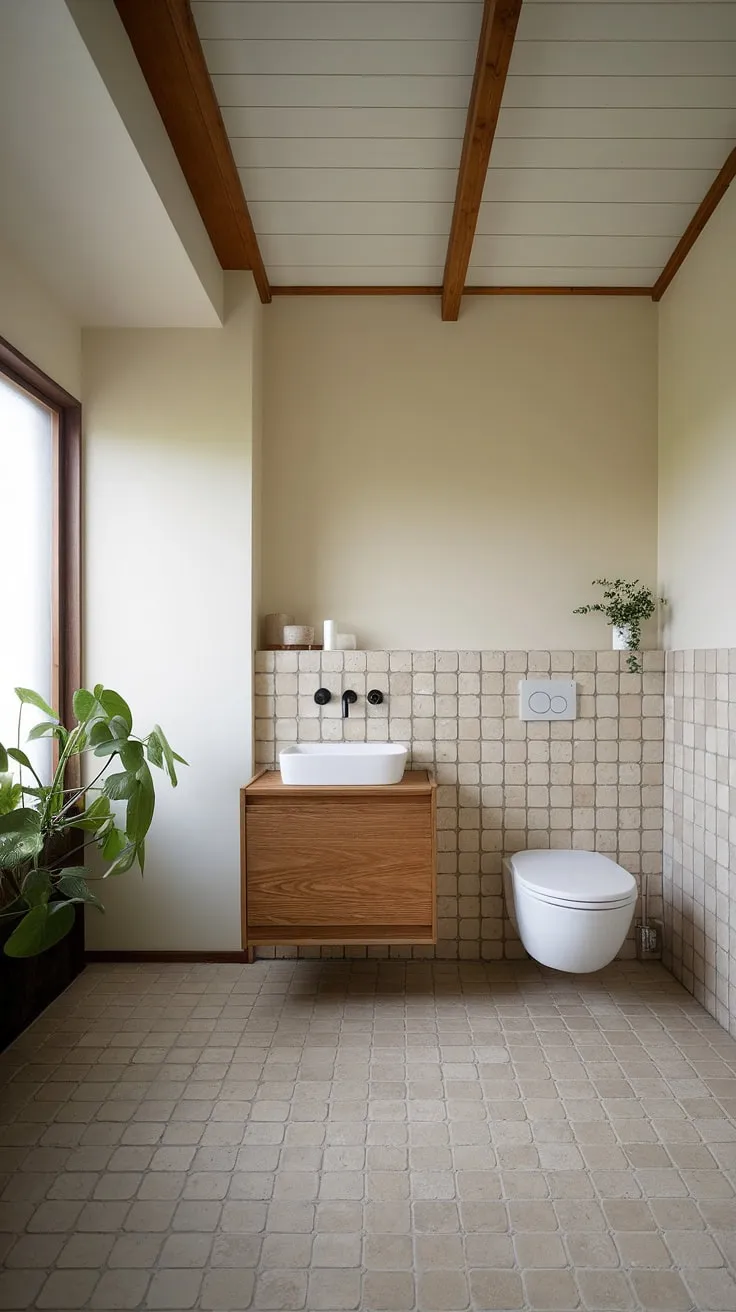 This Japandi bathroom design showcases minimal aesthetics with a wooden vanity, beige tiles, and natural elements, making it a perfect inspiration for Japandi interiors.