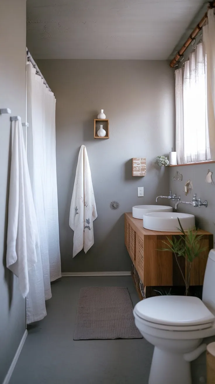 This Japandi bathroom design showcases minimal aesthetics with a wooden vanity, gray walls, and subtle decor, making it an inspiring example of Japandi interiors.