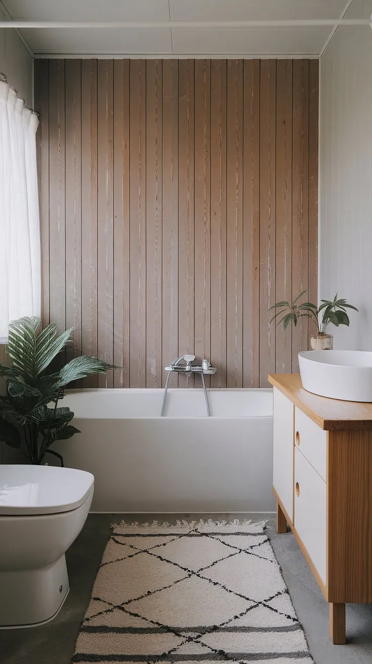 This Japandi bathroom design showcases minimal aesthetics with a white bathtub, wood-paneled wall, and simple vanity, offering perfect bathroom design inspiration for Japandi interiors.