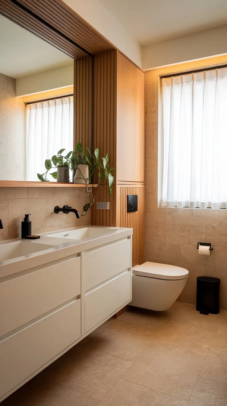 This Japandi bathroom design showcases minimalism with a white vanity, wooden accents, and warm lighting, making it a perfect inspiration for Japandi interiors.