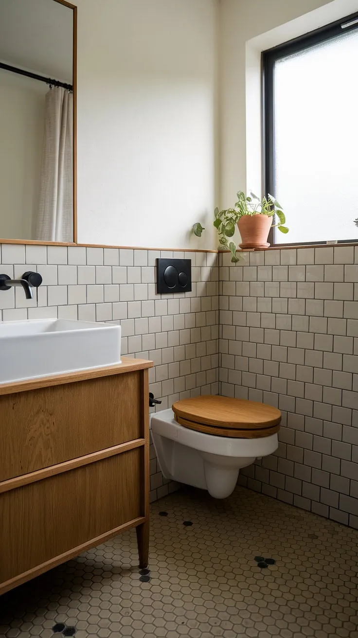 Featuring a harmonious blend of Scandinavian and Japandi elements, this minimal bathroom highlights a wooden vanity and stylish hexagonal tiles, perfect for a Japandi home.