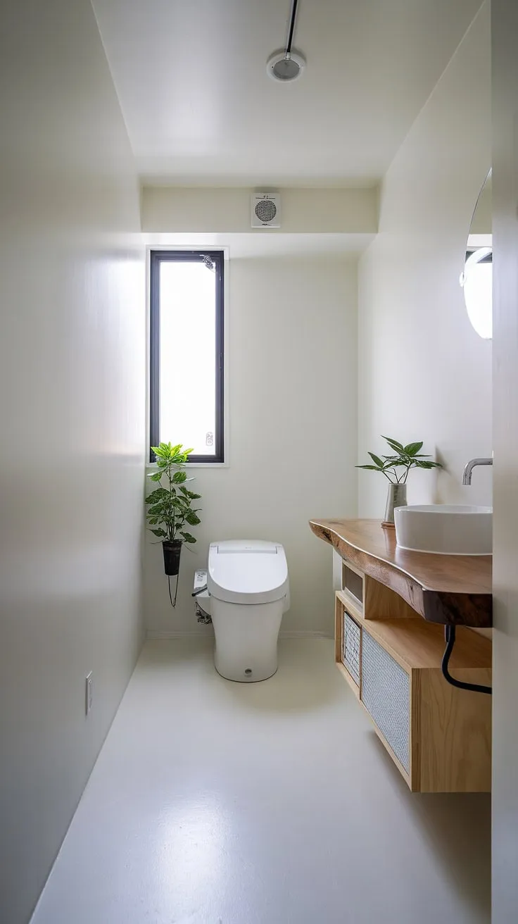 This Japandi bathroom design showcases minimalism with a white palette, a wooden floating vanity, and a touch of greenery, making it an inspiring example of Japandi interiors.
