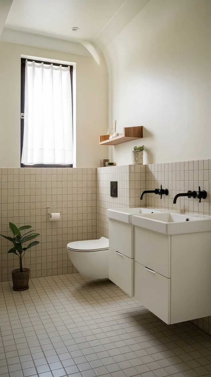 This Japandi bathroom design showcases minimal aesthetics with beige tiles, a sleek white vanity, and natural elements, making it an inspiring example of Japandi interiors for a modern home.
