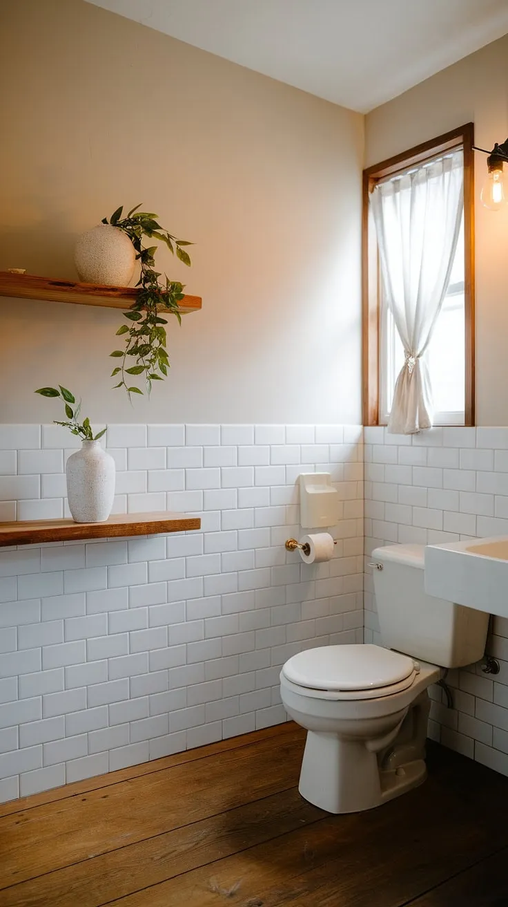 Featuring a harmonious blend of Scandinavian and Japandi aesthetics, this minimal bathroom highlights a soothing palette with natural elements and soft lighting.