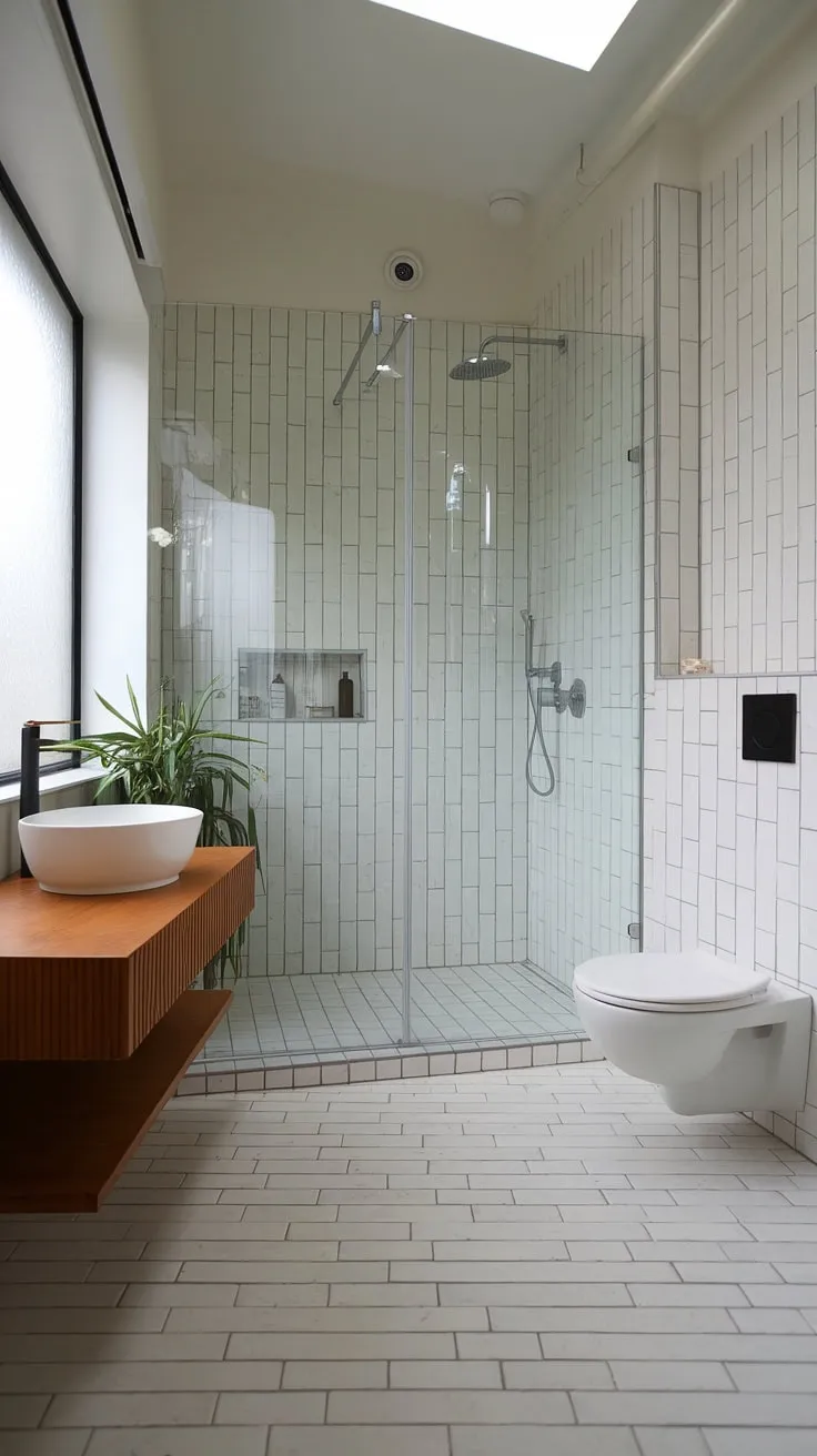 This Japandi bathroom design showcases minimal aesthetics with a floating wooden vanity, glass shower, and large-format white tiles, perfectly blending Scandinavian influences for inspiring Japandi interiors.