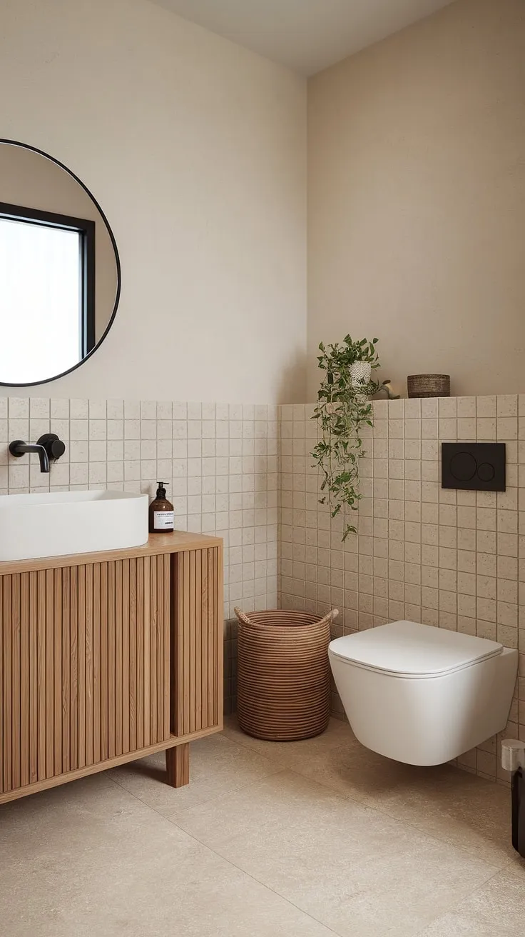 Featuring a wooden vanity and light beige walls, this Japandi bathroom exemplifies minimal bathroom design, harmonizing Japandi home elements with Scandinavian influences for stunning bathroom design inspiration.