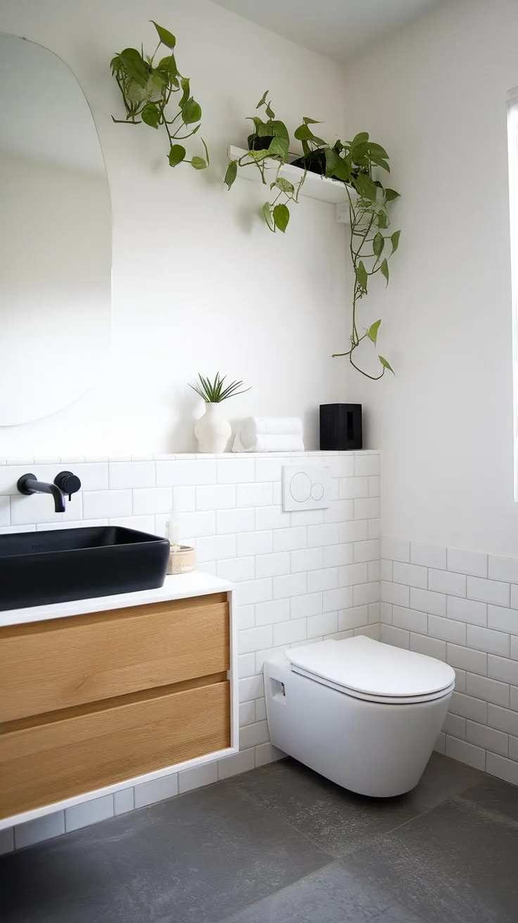 This minimal Japandi bathroom design features a white wooden vanity, black sink, and green plant, embodying the essence of Japandi interiors with its bright atmosphere and stylish decor.
