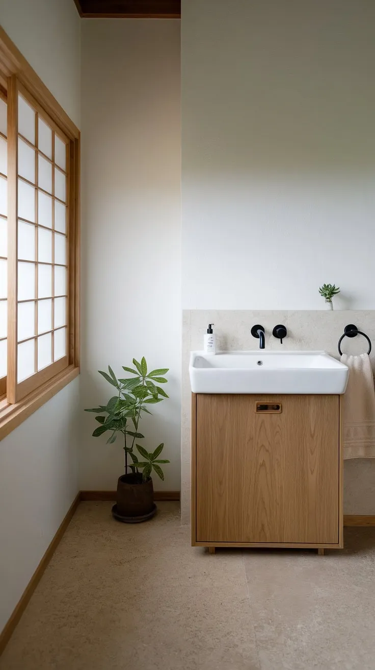 Featuring a blend of Scandinavian and Japandi elements, this minimal bathroom design inspires tranquility with its white walls and beige tiled floor.