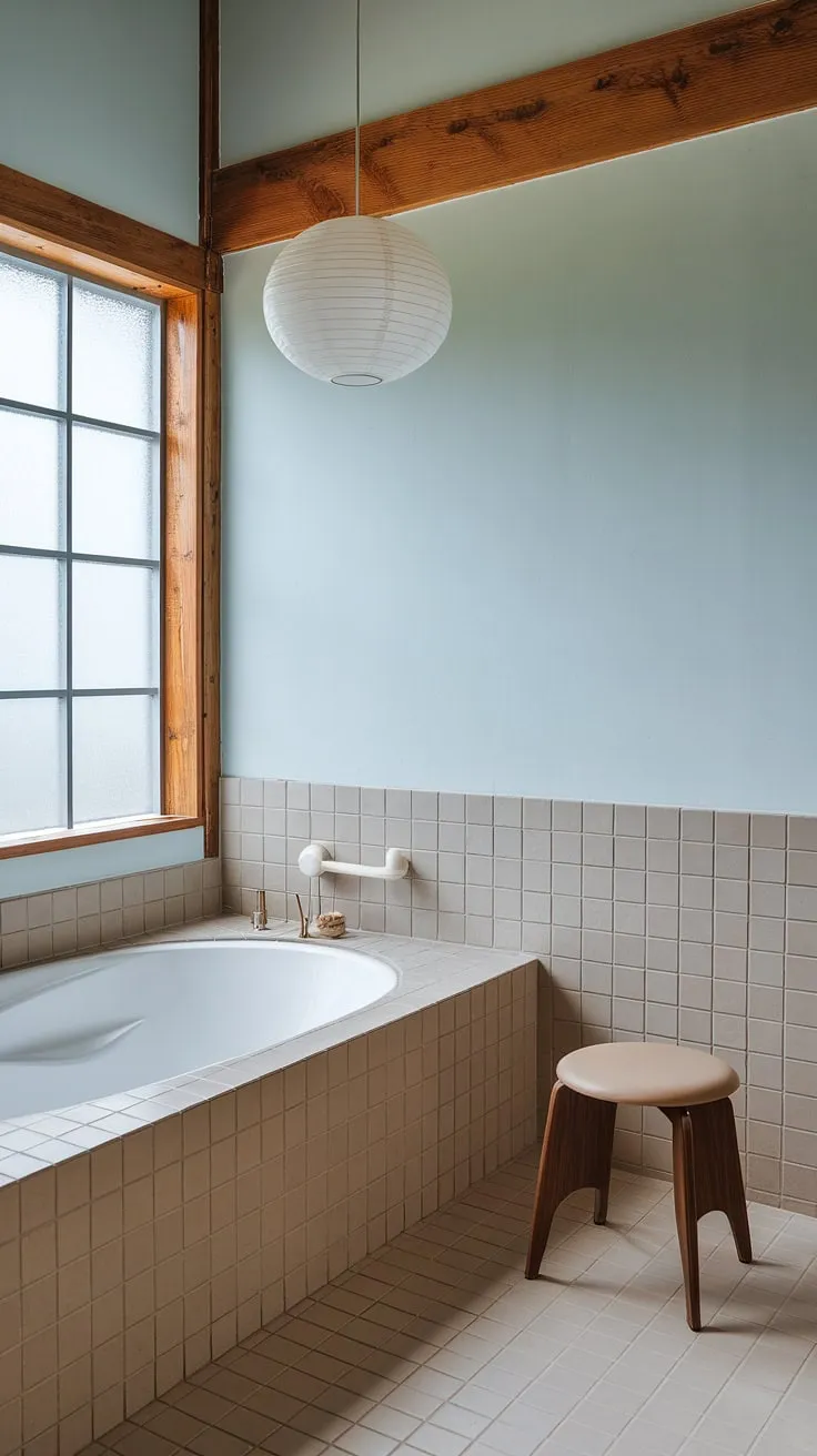Featuring a harmonious blend of Scandinavian and Japandi elements, this minimal bathroom highlights a white tub and wooden accents, ideal for a tranquil Japandi home.