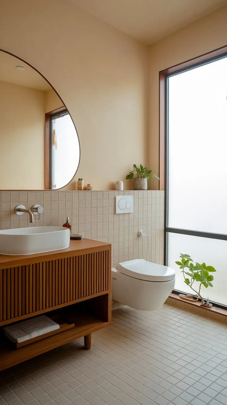 This Japandi bathroom design showcases minimalism with a wooden vanity, white sink, and beige tiles, creating a tranquil space that embodies Japandi interiors.