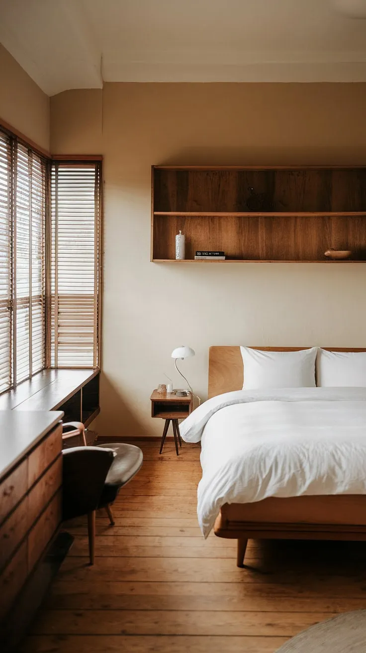 Transform your small bedroom into a stunning Japandi interior with minimalist decor, featuring a wooden bed, soft beige walls, and stylish furniture for a chic room makeover.