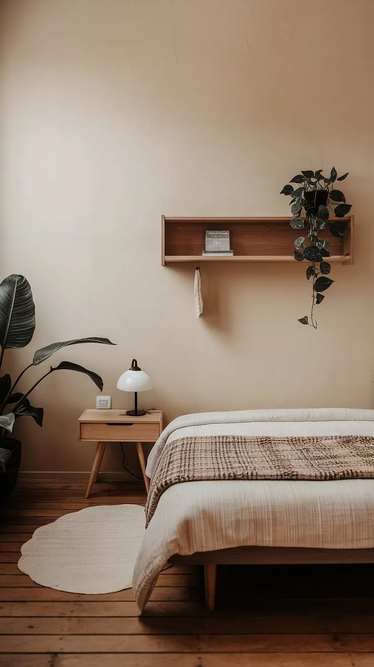 Transform your small bedroom into a Japandi-style oasis with minimalist decor, featuring a queen-size bed, wooden accents, and a touch of greenery for a refreshing room makeover.