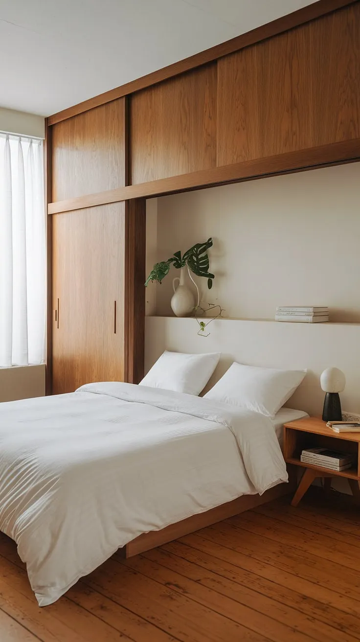 Transform your small bedroom into a Japandi-style oasis with minimalist decor, featuring a queen-size bed, wooden accents, and thoughtful touches for a stylish room makeover.