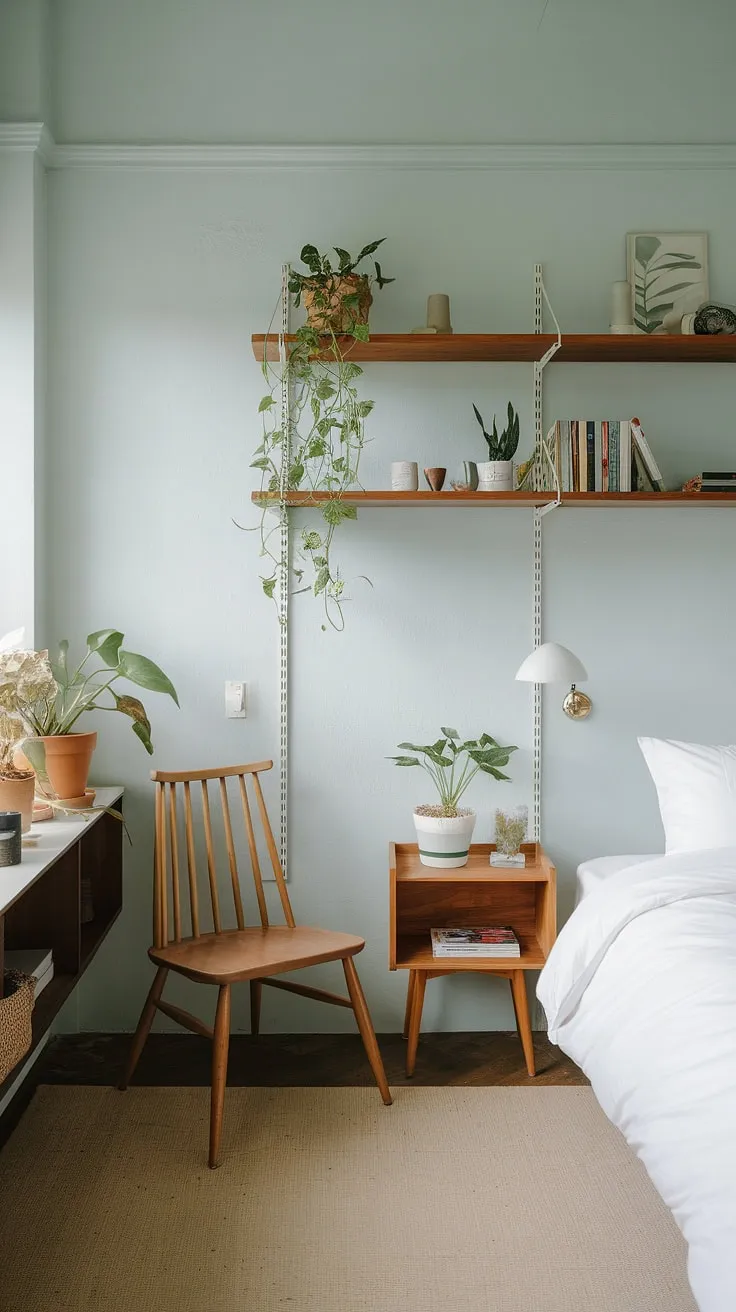 Transform your small bedroom into a stunning japandi interior with minimalist decor, featuring a white bed, wooden furniture, and calming blue walls for a stylish room makeover.