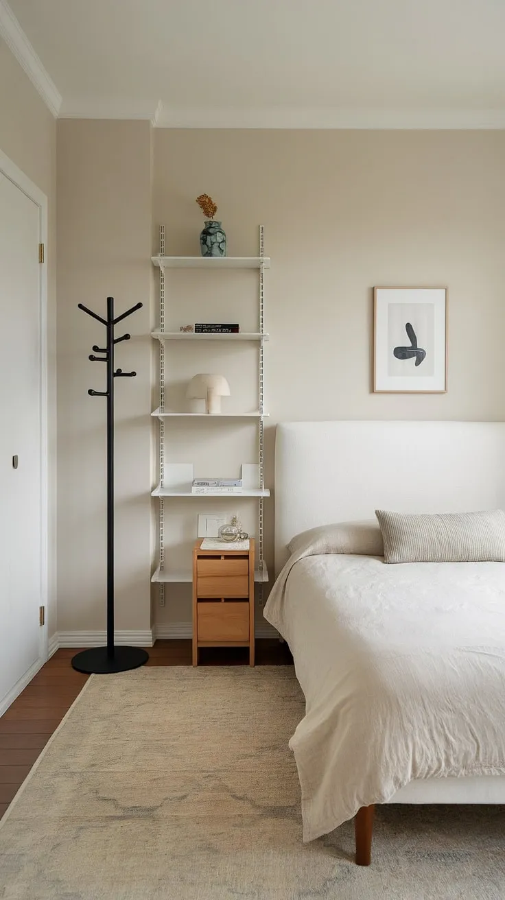 Transform your small bedroom into a stunning Japandi interior with minimalist decor, featuring a queen-size bed, wooden nightstand, and light beige walls for a stylish room makeover.