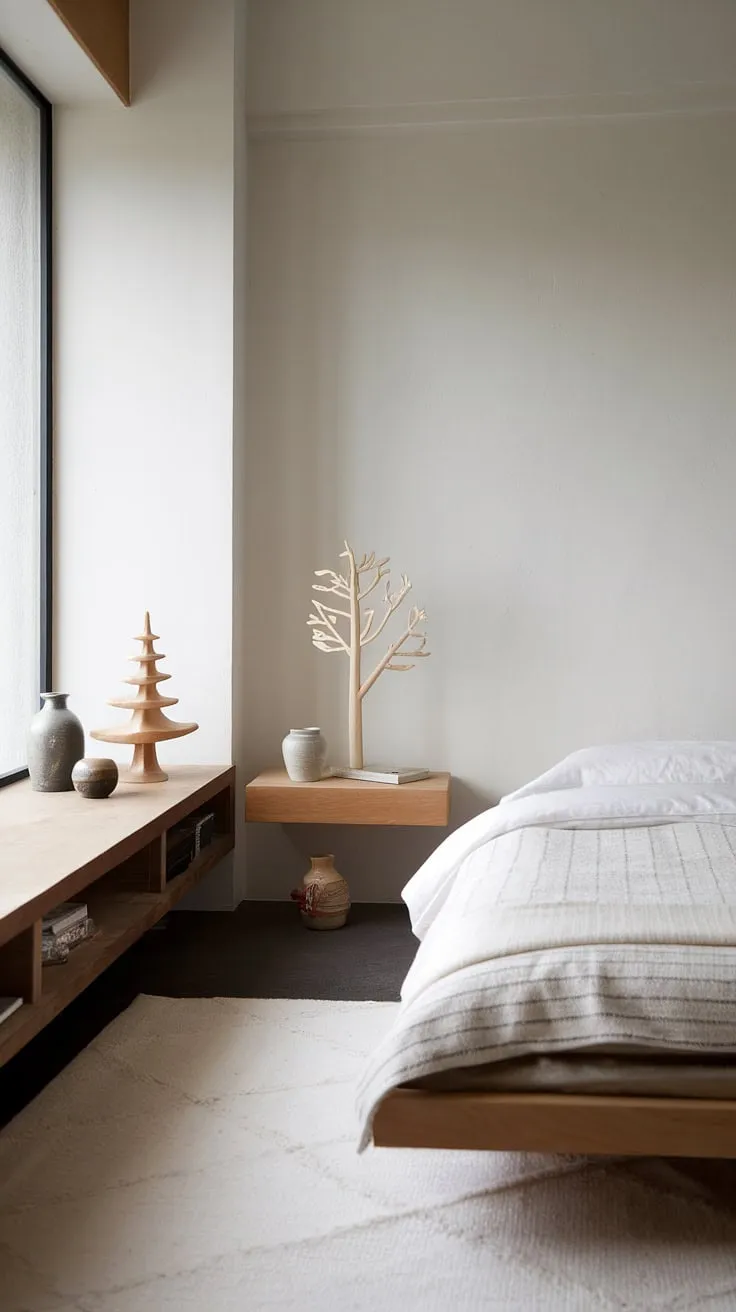 Transform your small bedroom into a Japandi style oasis with minimalist decor, featuring a wooden platform bed, white walls, and carefully curated accents for a stunning room makeover.