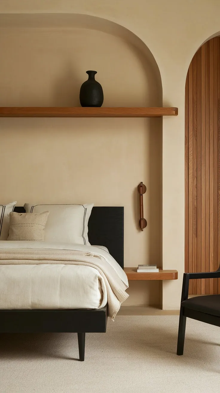 Redecorate your master bedroom with japandi style, incorporating a harmonious blend of beige and black tones and minimalist decor for fresh bedroom ideas.