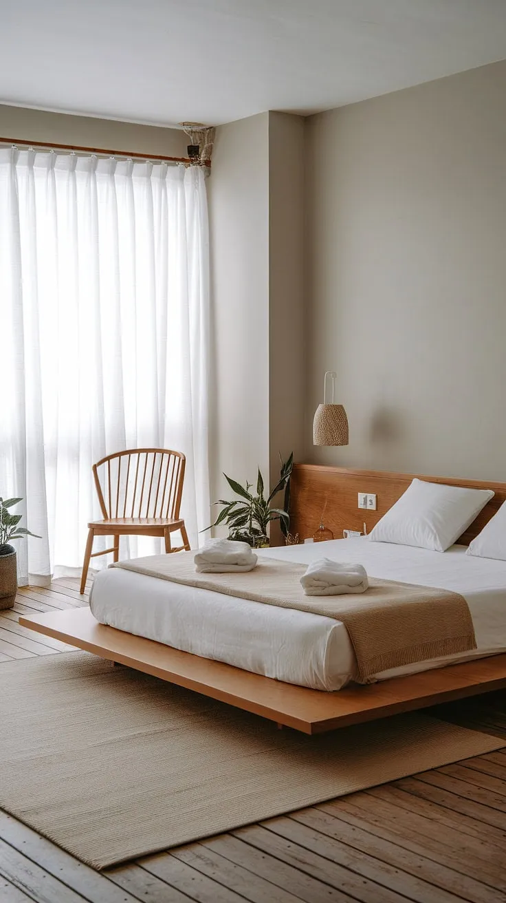 Redecorate your master bedroom with Japandi interior ideas, showcasing a cozy queen-size bed, wooden accents, and a calming palette for a stylish minimalist retreat.