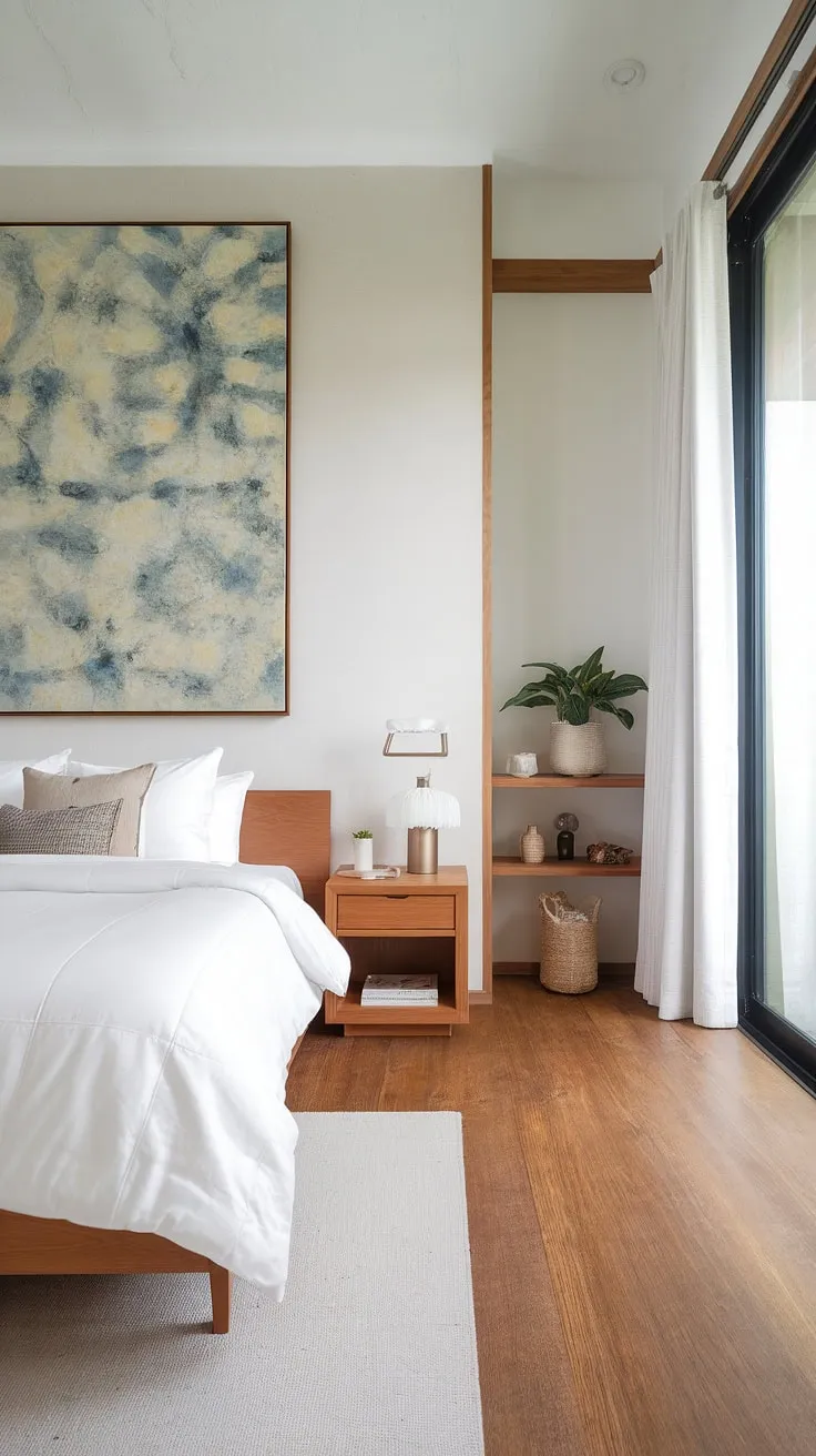 Transform your small bedroom into a stunning Japandi interior with minimalist decor, featuring a large bed, wooden accents, and thoughtful decor ideas for a stylish room makeover.