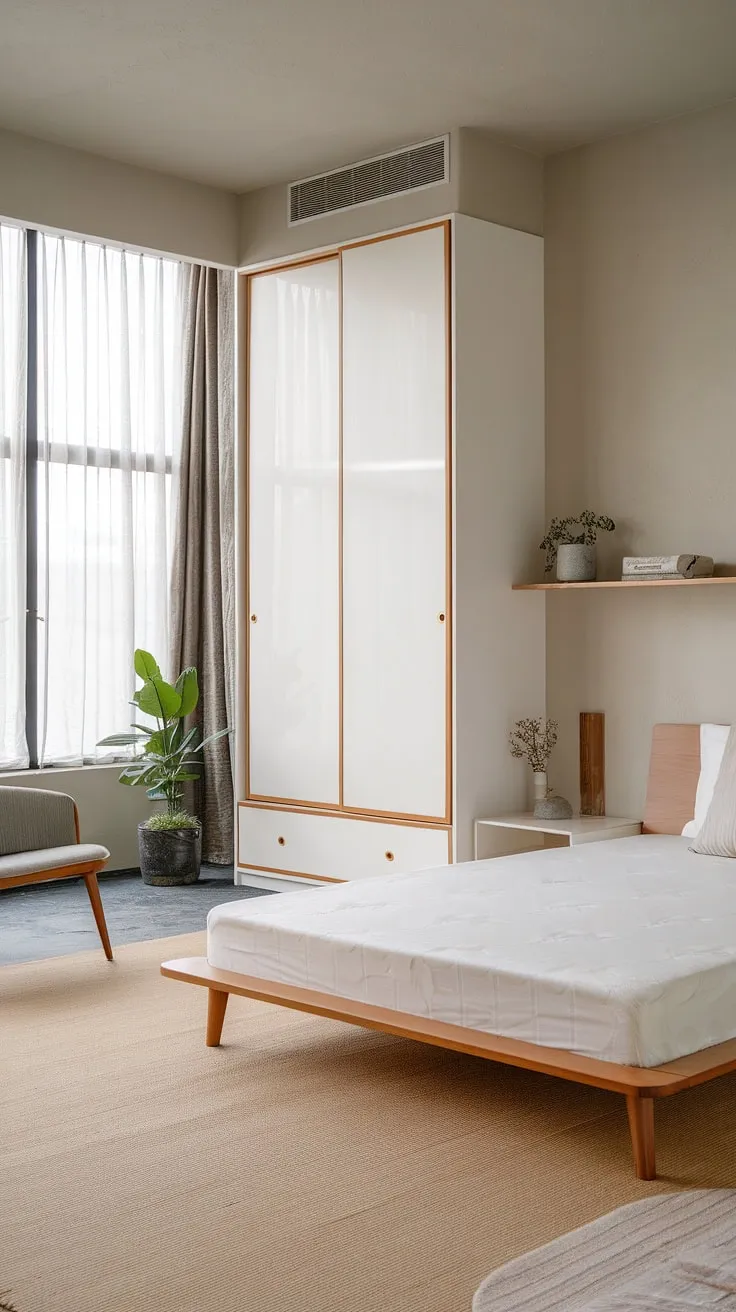 Transform your small bedroom into a Japandi-style oasis with minimalist decor, featuring a king-size bed, light gray walls, and natural elements for a refreshing room makeover.