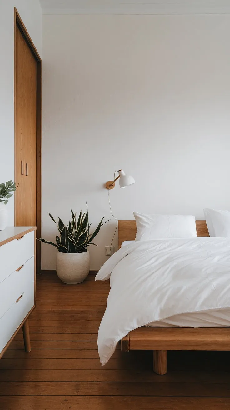 Transform your small bedroom into a stunning japandi interior with minimalist decor, featuring a wooden platform bed and stylish accents for a chic room makeover.