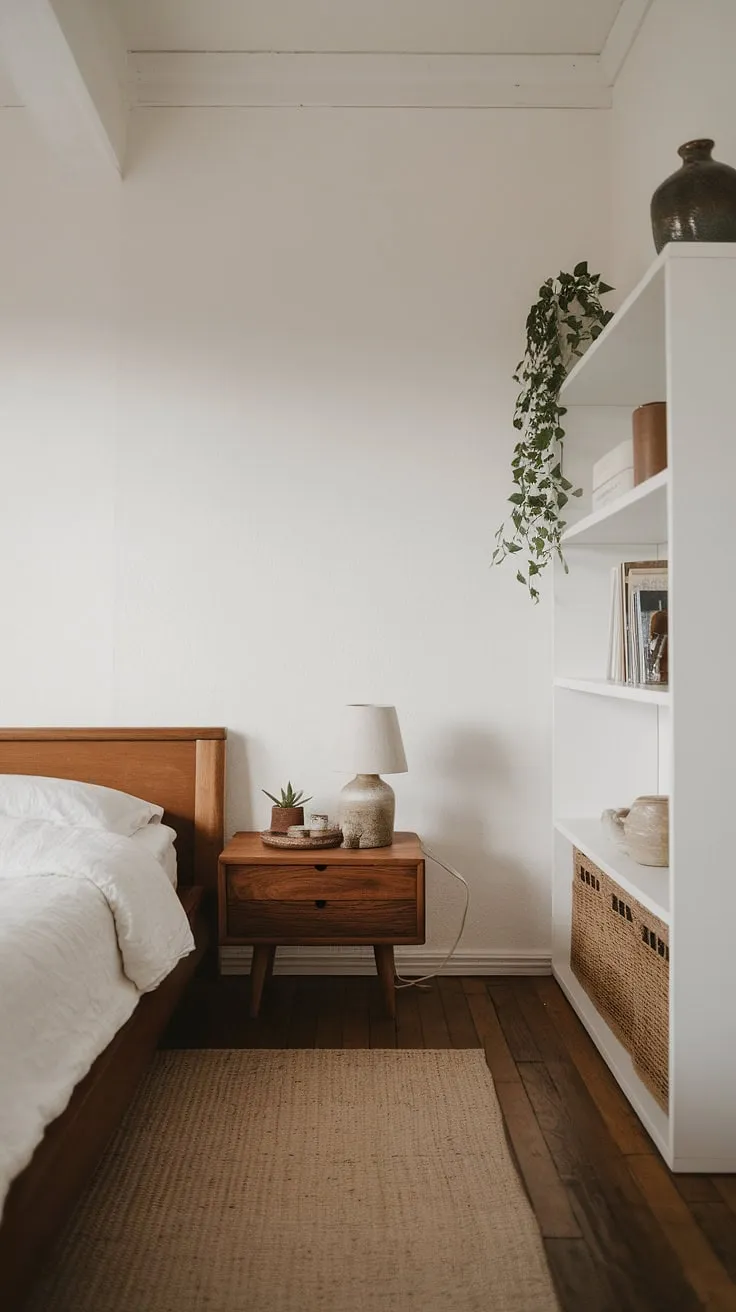 Transform your small bedroom into a tranquil Japandi interior with minimalist decor, featuring a wooden bed and simple accents for a stylish room makeover.