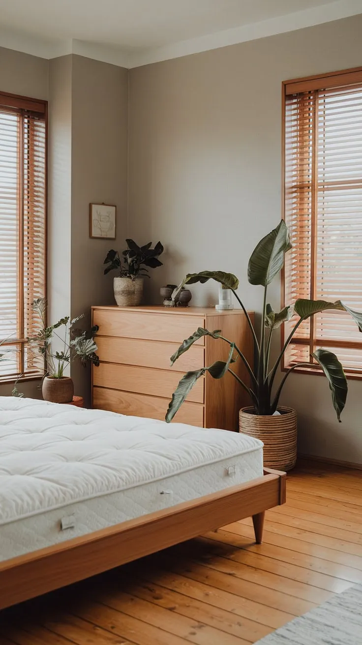 Redecorate your master bedroom with japandi style, incorporating light grey walls, wooden floors, and simple yet elegant bedroom ideas for a tranquil retreat.