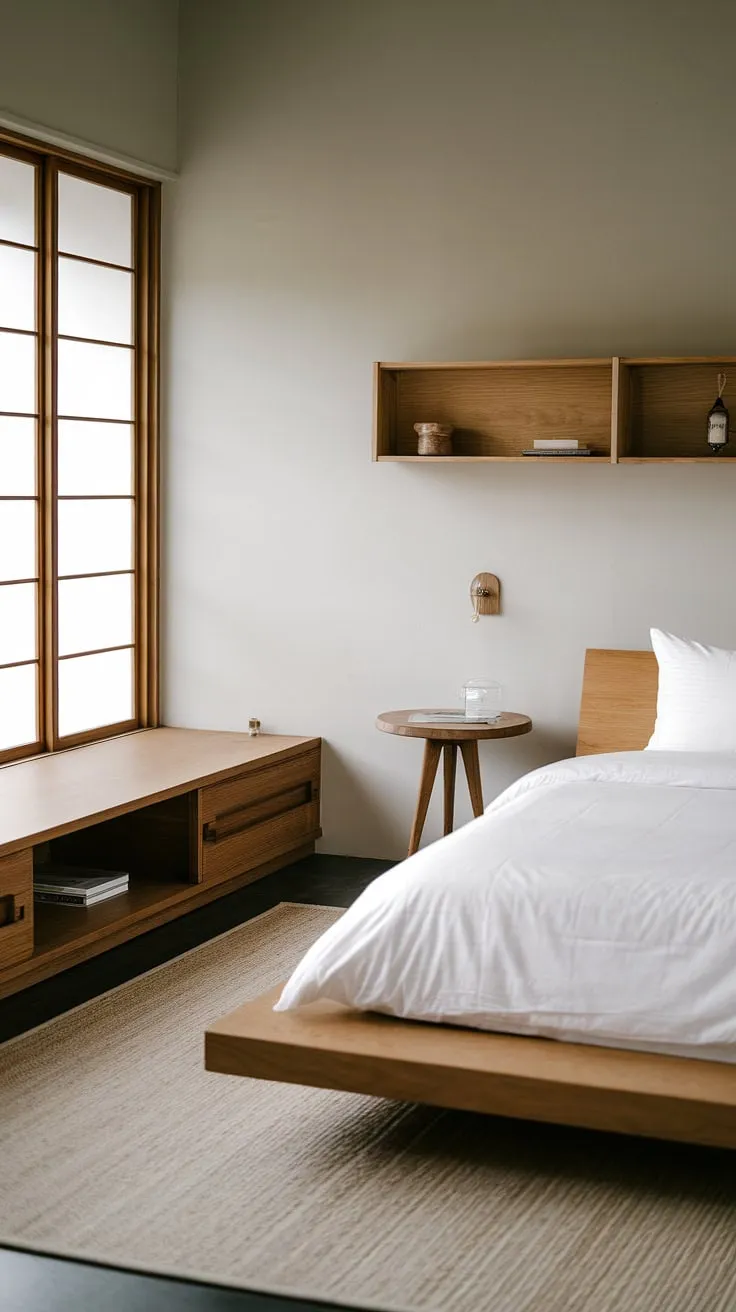 Transform your small bedroom into a stunning japandi interior with minimalist decor, featuring a wooden platform bed, natural wood furniture, and light grey walls for a stylish room makeover.