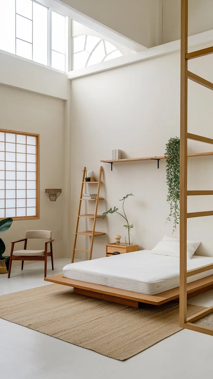 Transform your small bedroom into a stunning Japandi interior with minimalist decor, featuring a wooden platform bed and natural elements for a stylish room makeover.