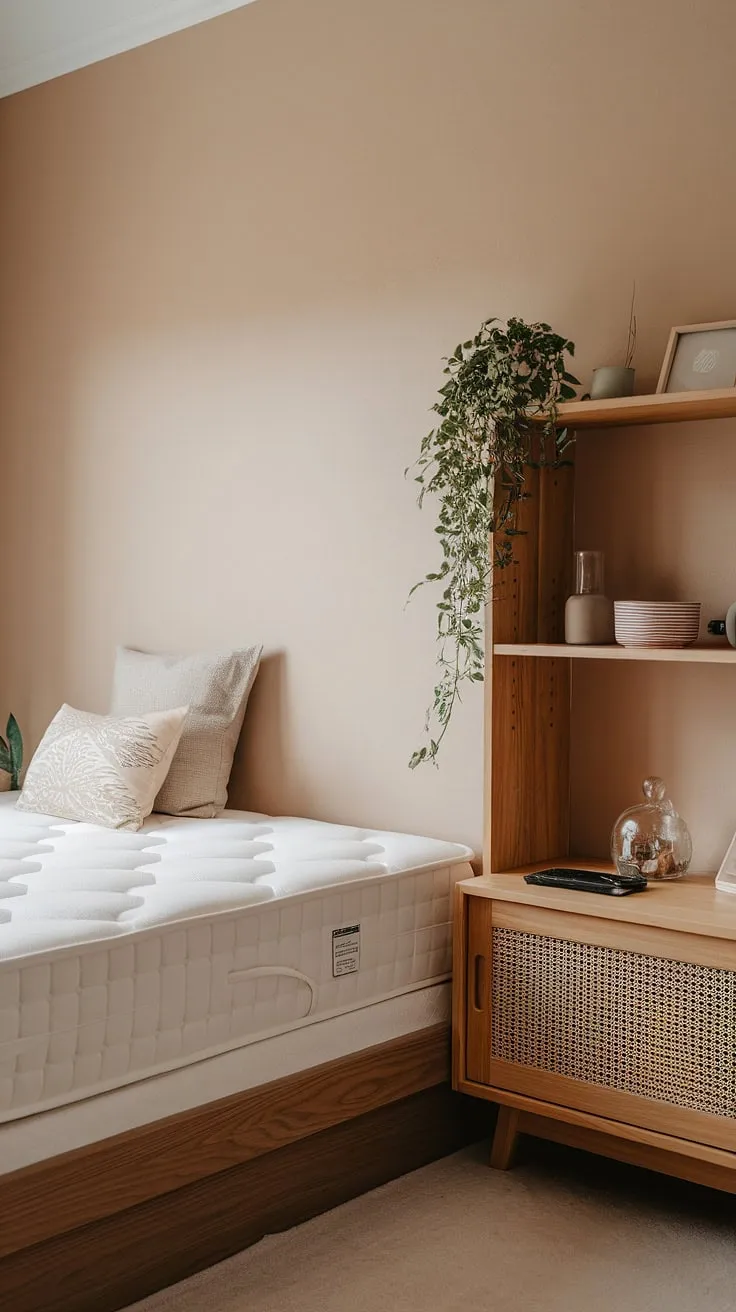 Transform your small bedroom into a tranquil Japandi interior with minimalist decor, featuring a cozy bed, wooden accents, and soft beige walls for a stylish room makeover.