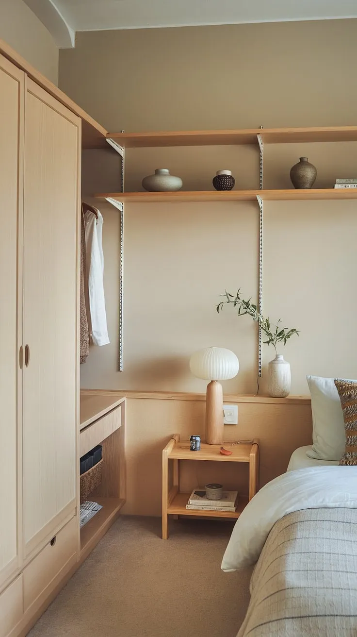 Elevate your master bedroom decor with japandi style, showcasing a well-organized space that combines functionality and aesthetic appeal in a cozy, minimalist setting.