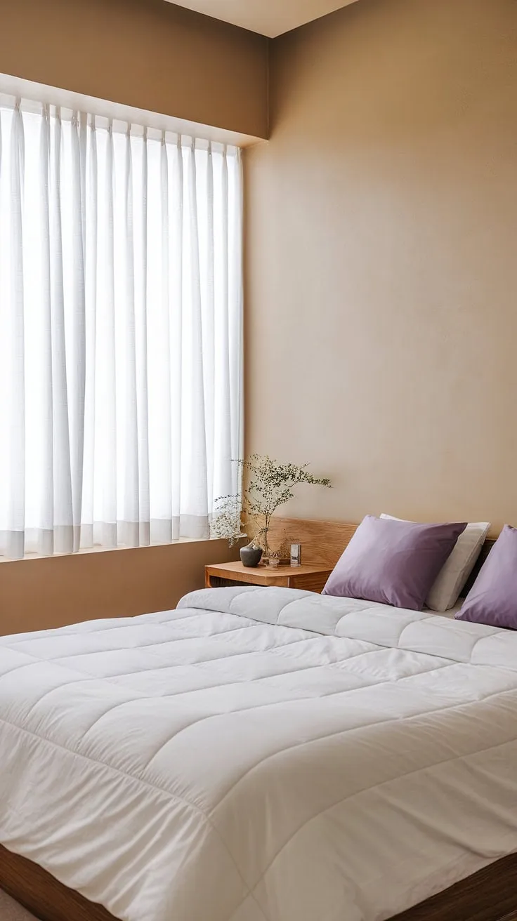 Redecorate your master bedroom with japandi style, incorporating a cozy queen-size bed, a wooden nightstand, and a touch of greenery for a chic minimalist decor.